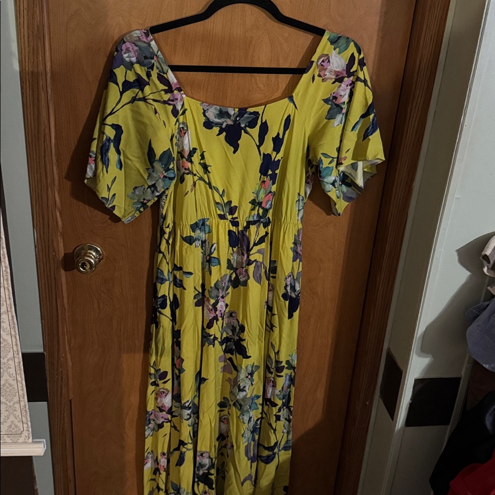 Soft Surroundings Maise Yellow Floral Smocked Square Neck Maxi Dress Size Large